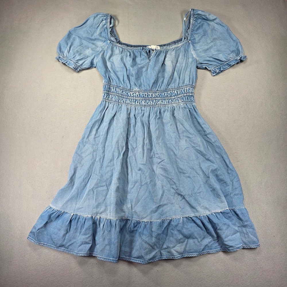 She + Sky Blue Smocked Waist Puff Sleeve Denim Look Mini Dress Medium NWT 51861